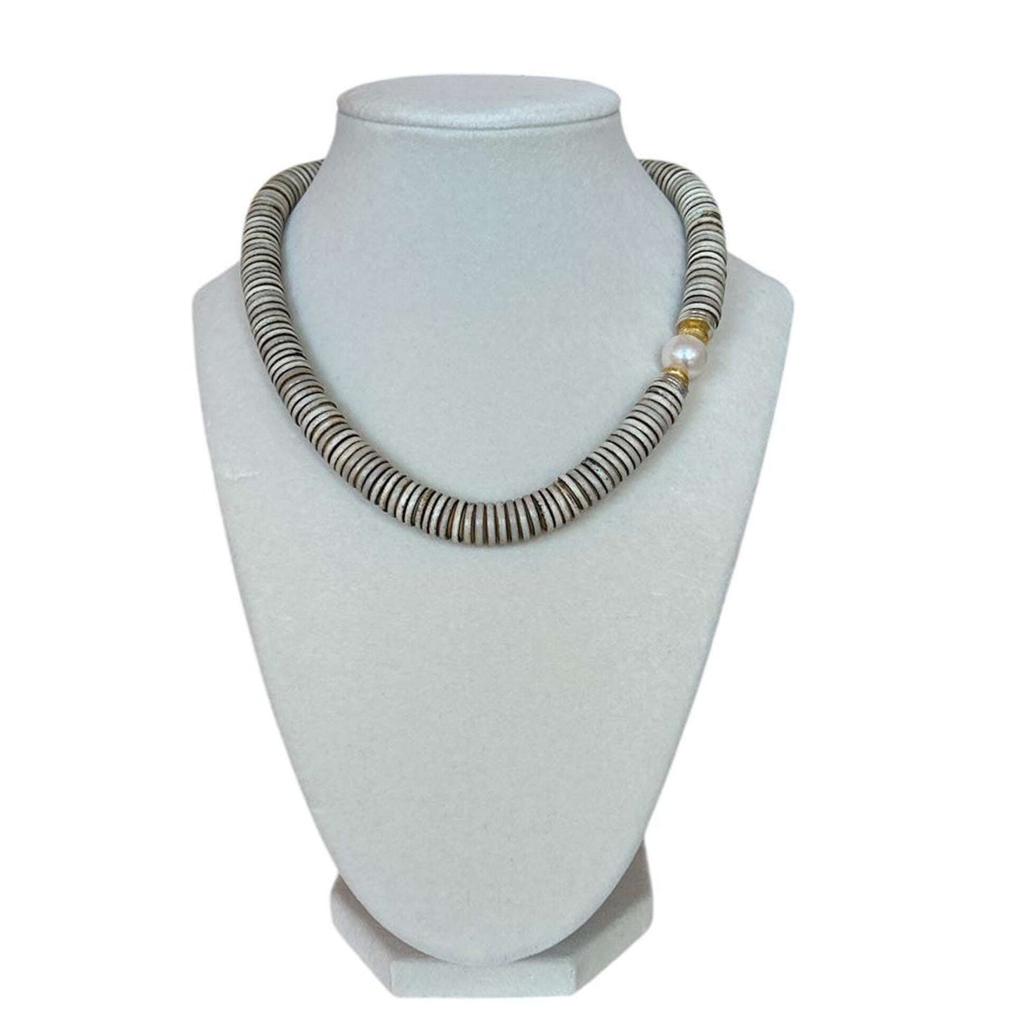 Beige Bone Beads & Pearl on Gold Necklace Peggy Goodman Sold At Aqualta