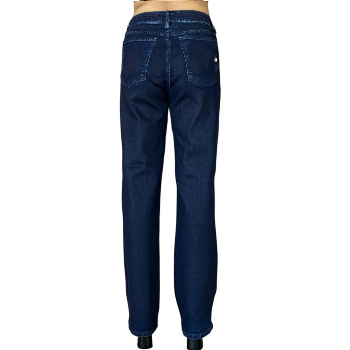 Back picture of our Coated Blue Denim Mid waist straight legs Shat Sold at Aqualta