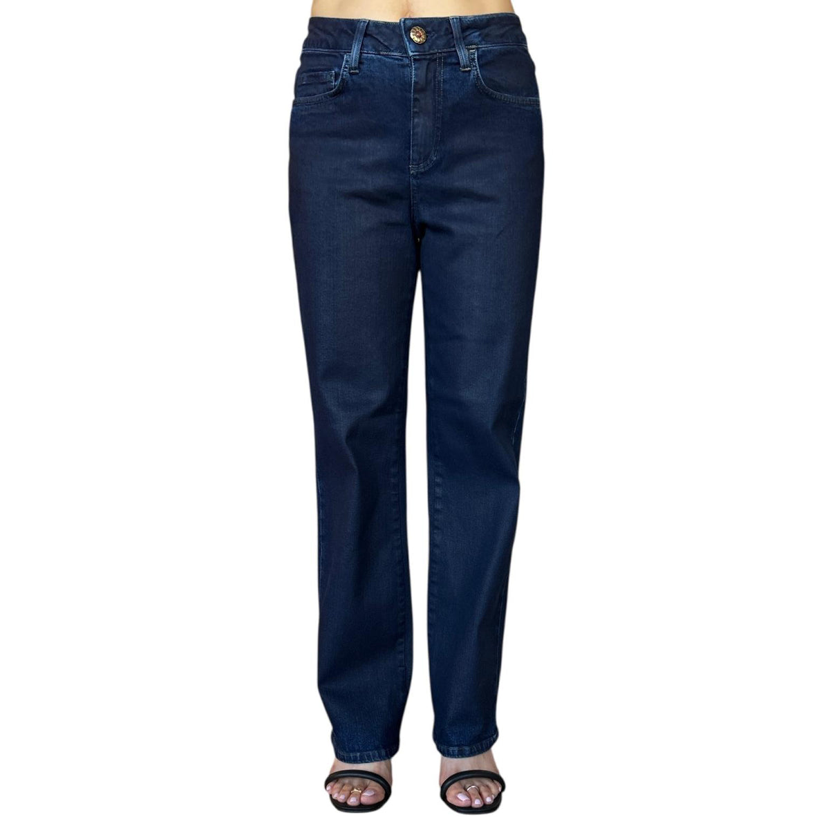 Front picture of our Coated Blue Denim Mid waist straight legs Shat Sold at Aqualta
