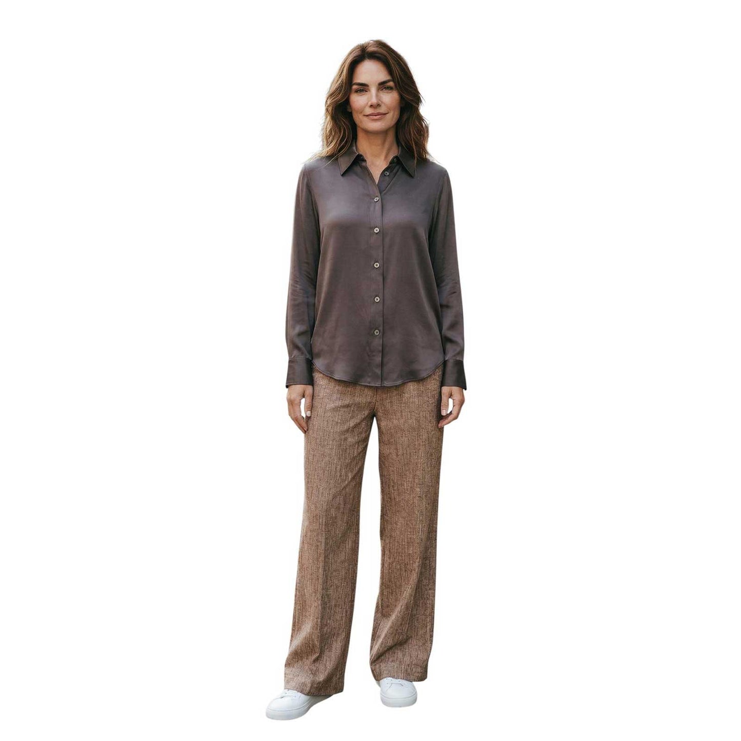 Woman wearing a Collar Shirt Latia Ash Brown Sand sold at Aqualta 2