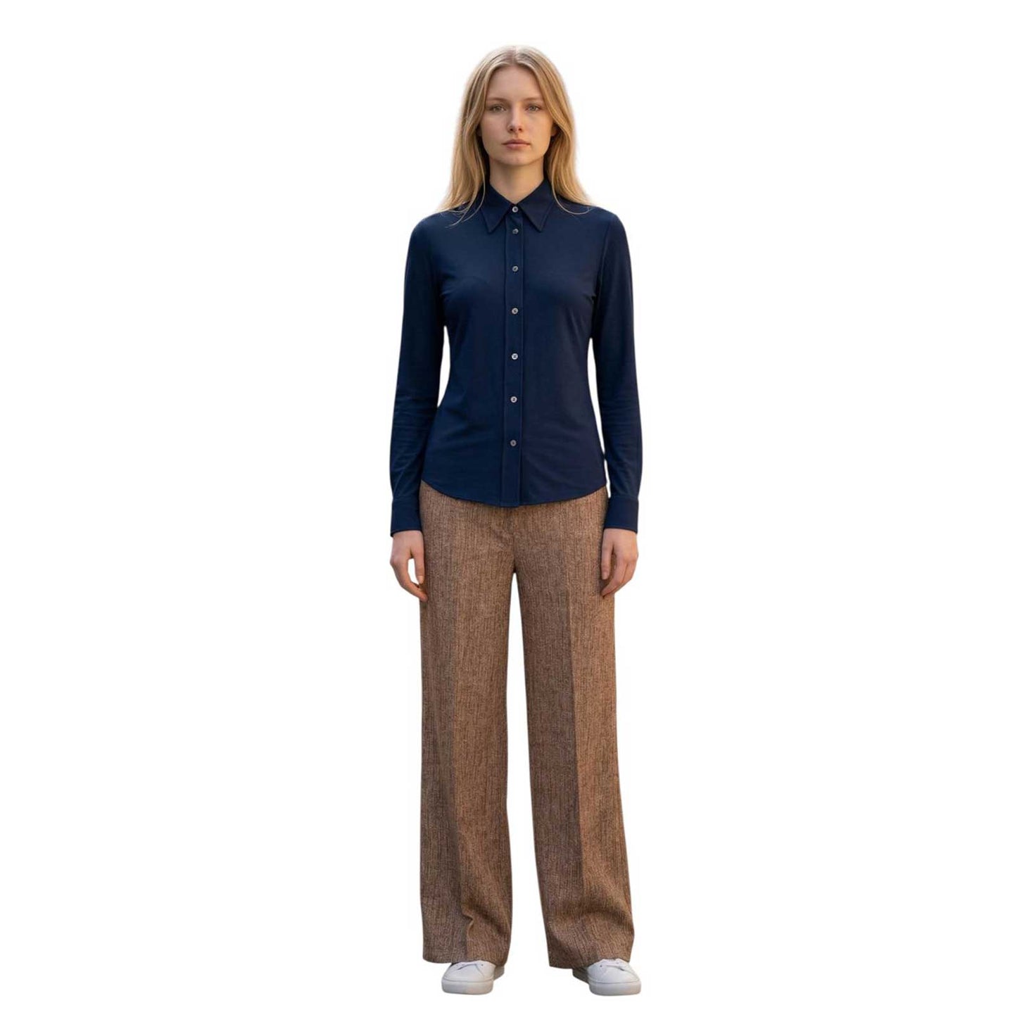 Woman wearing a Collar Shirt Skin like Navy Caliban sold at Aqualta 2
