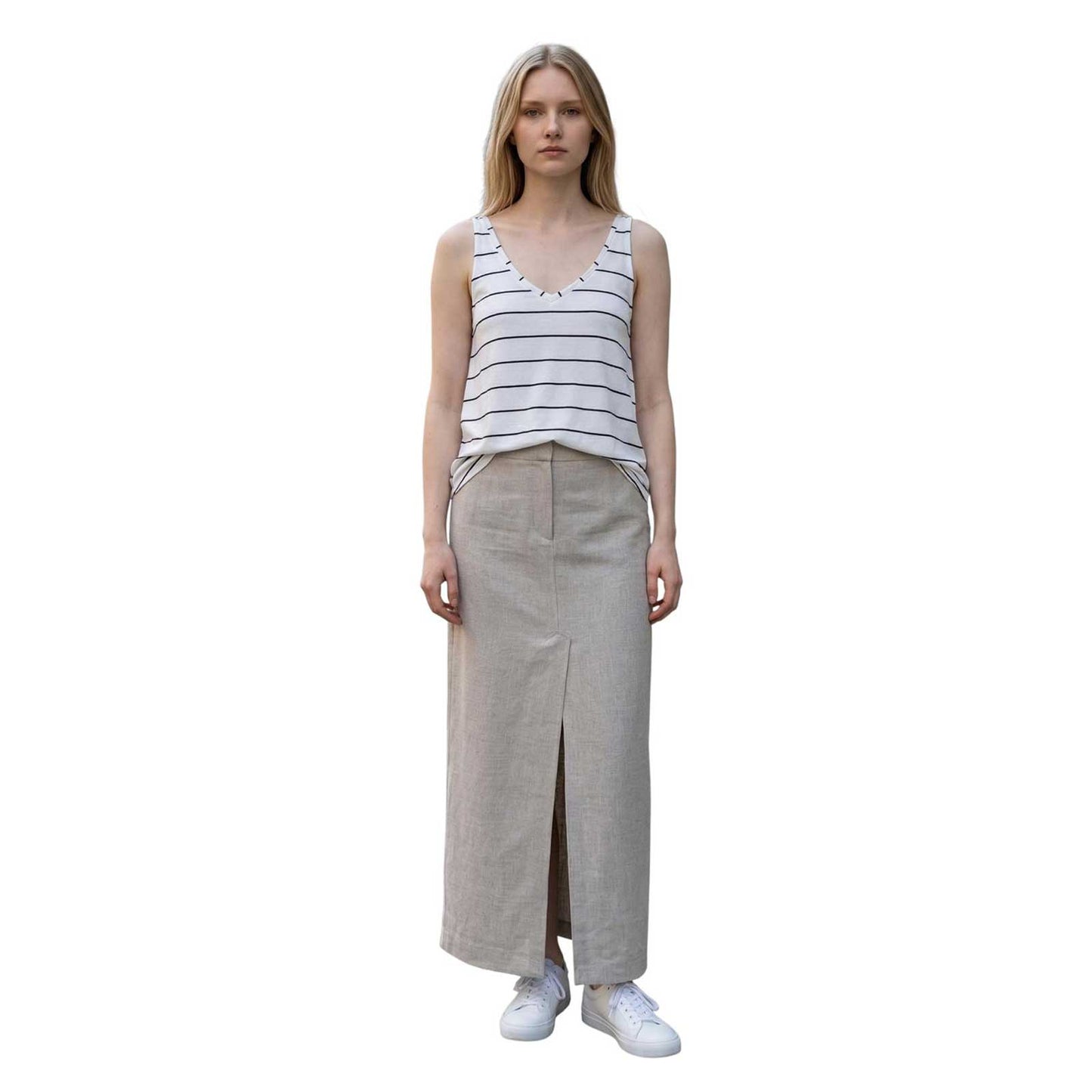 Cotton Sleeveless Tee Flare cut White with black stripes Neirami sold at Aqualta 2
