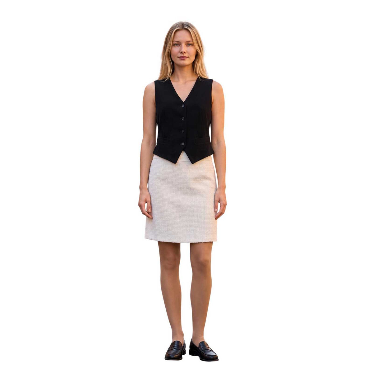 SAND cream tweed short skirt featuring a relaxed straight cut, classic above-the-knee length, and side zipper closure.