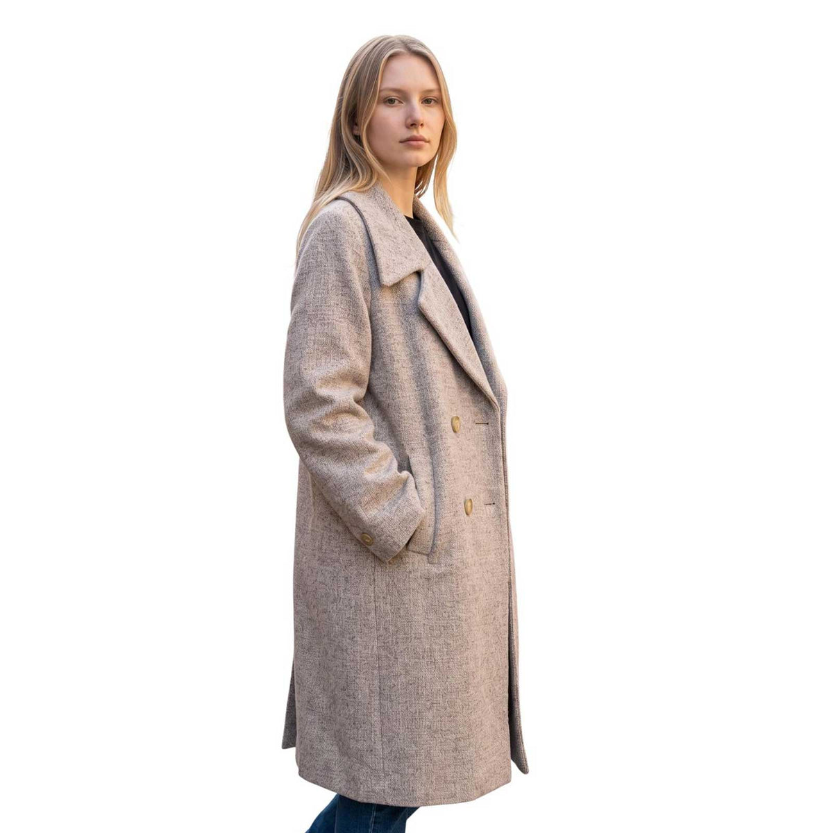 Sand oatmeal tweed coat with double-breasted button front and wide lapels, available at Aqualta.