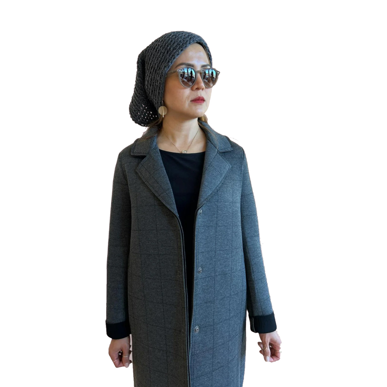 Women wearing our Knee length Tartan Grey Coat Goodmatch on a mannequin sold at Aqualta