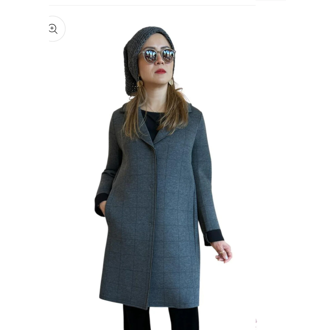 Women wearing our Knee length Tartan Grey Coat Goodmatch on a mannequin sold at Aqualta  2