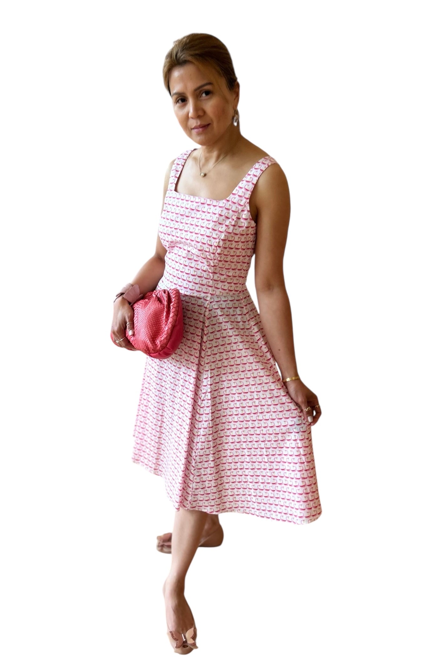 Knee length sleeveless Dress Fuchsia Print Caliban sold at Aqualta 2