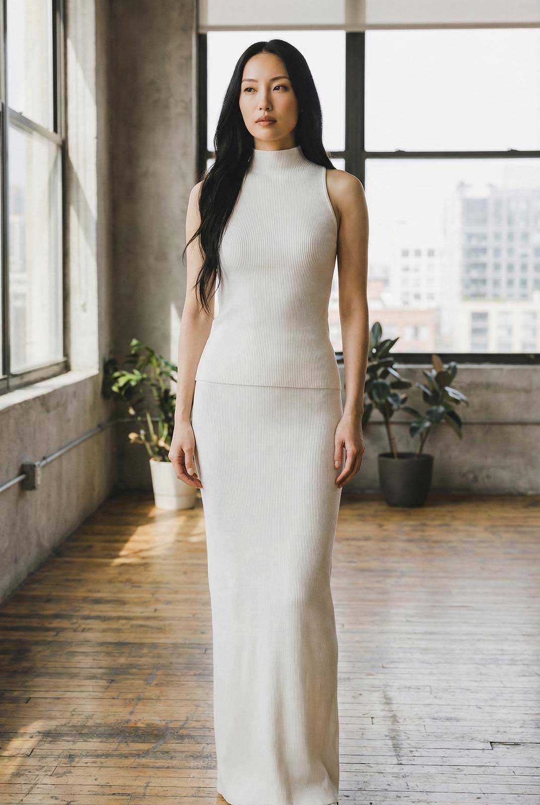 Knitted Longline Maxi Skirt & Mock Neck Set Milk White Sand sold at Aqualta 3