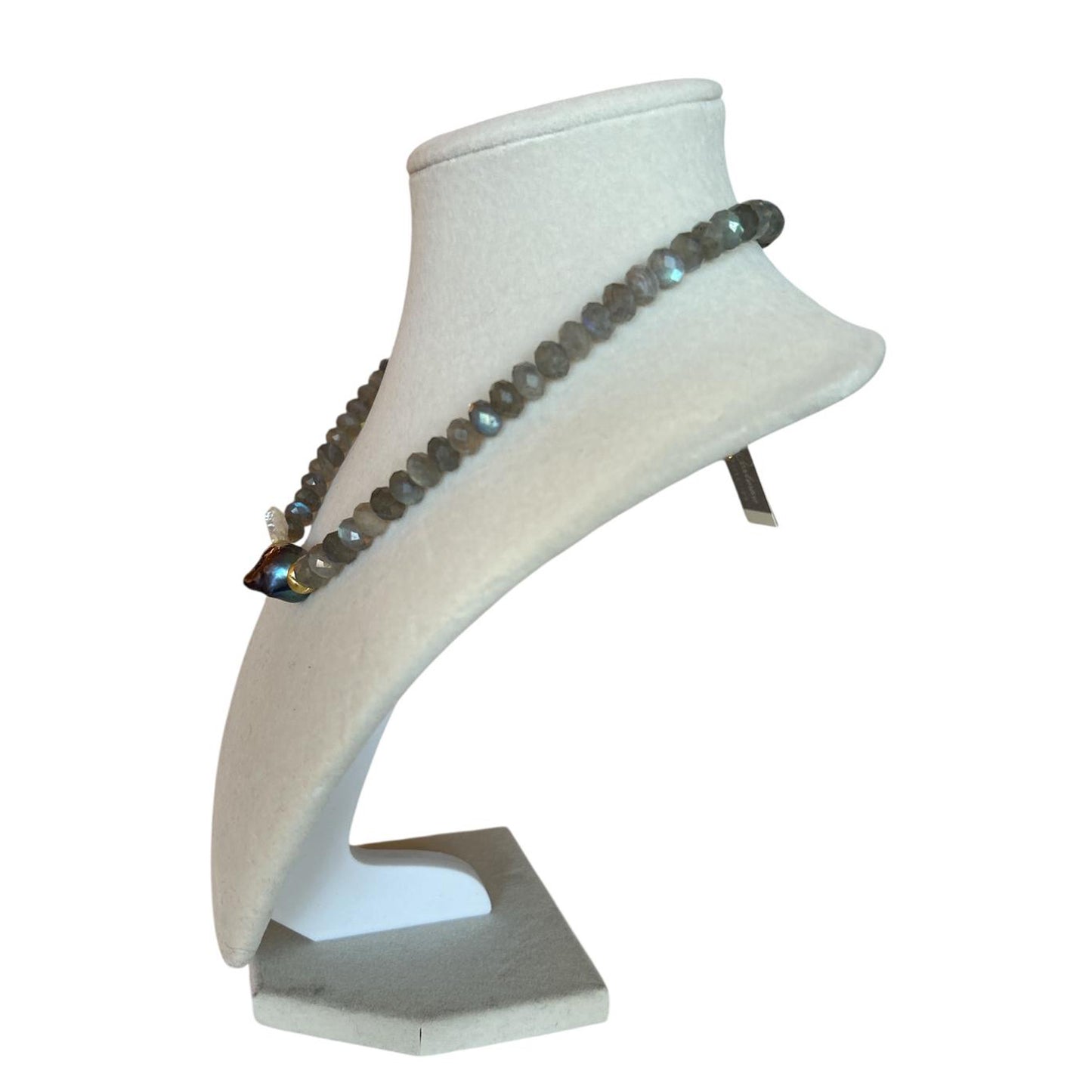 Handmade necklace by Peggy Goodman for Aqualta, featuring faceted labradorite beads with a grey pearl centerpiece and gold accents.