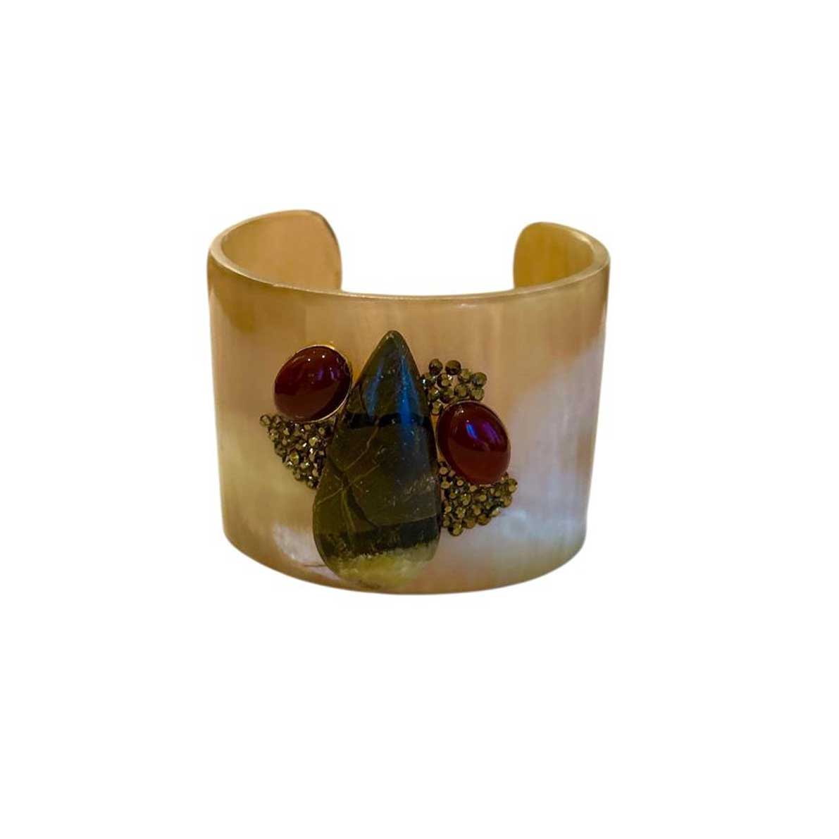 Large Horn Cuff ornate with Red Agates & Swarovski Peggy Goodman sold at Aqualta