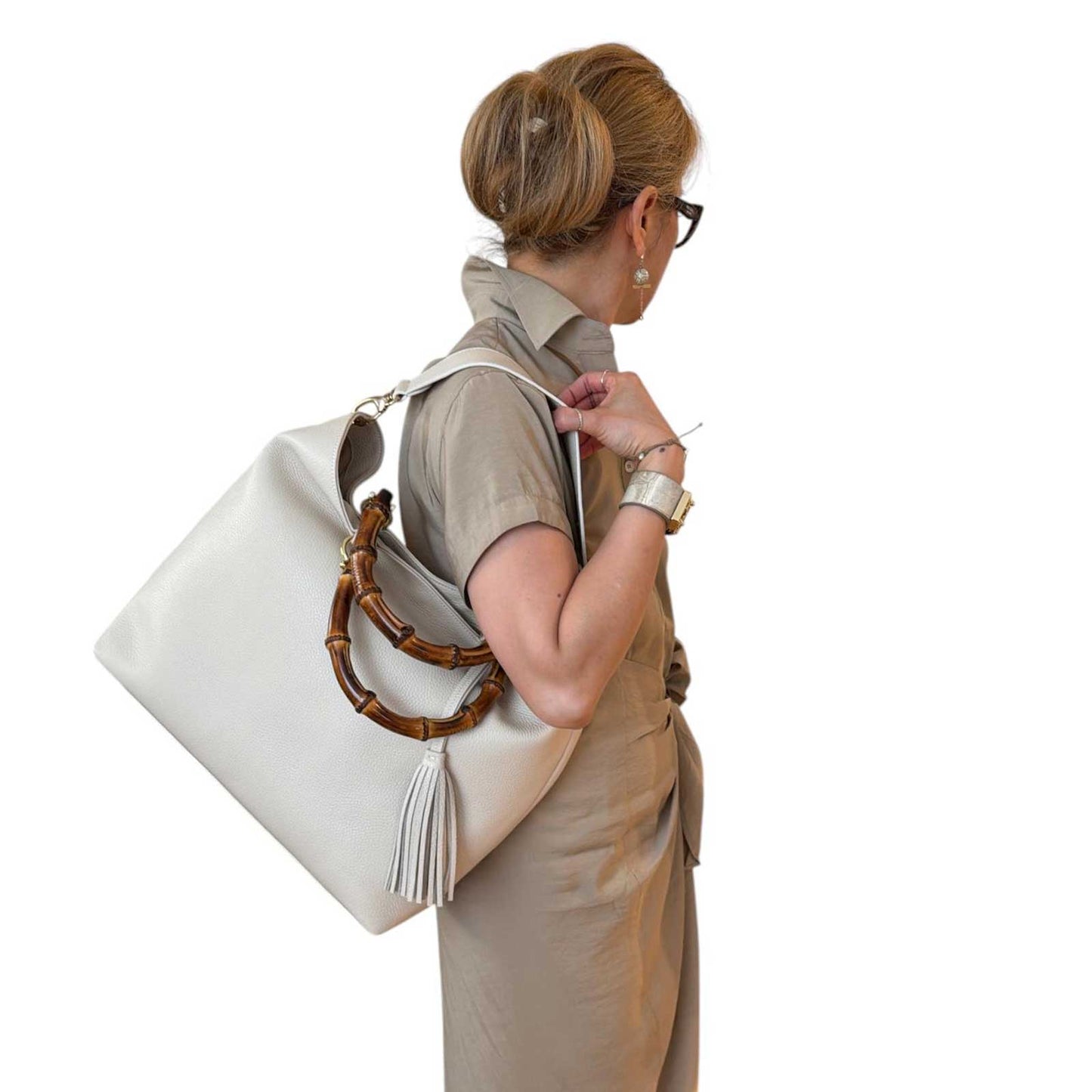 Large leather tote bamboo handles Cream Biagini sold at Aqualta 2