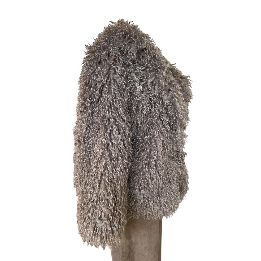 Side Picture of our Mongolian Lamb short Jacket Sand Sold At Aqualta