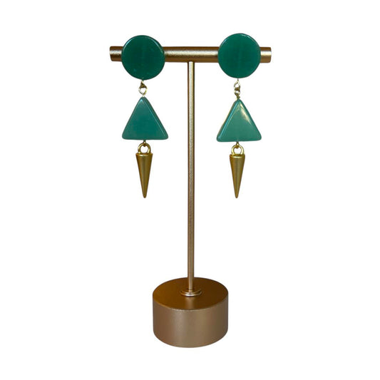 Handmade earrings by Peggy Goodman for Aqualta, featuring geometric green stones with gold cone dangle accents
