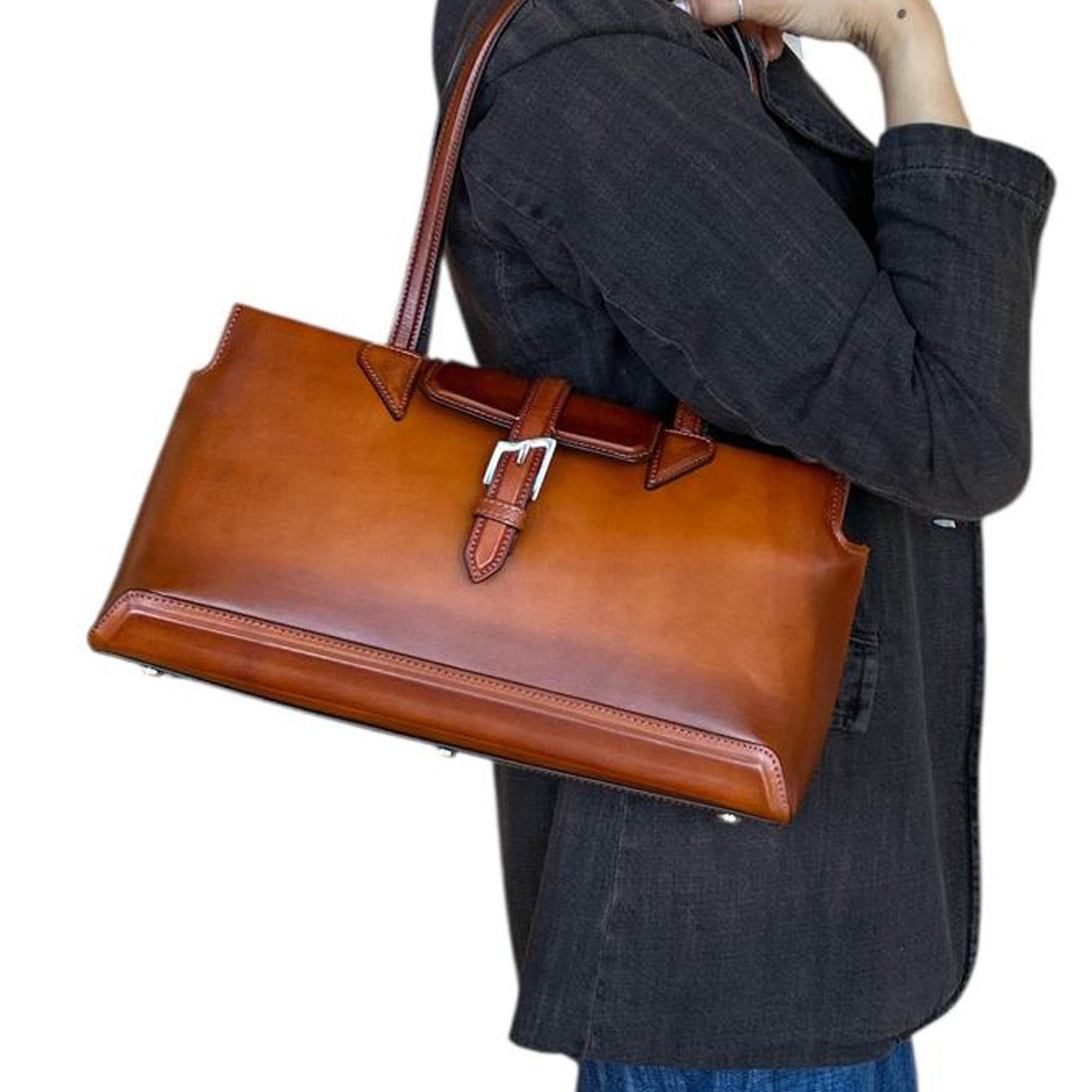 Rectangular Patin leather Satchel Cognac - AQUALTA