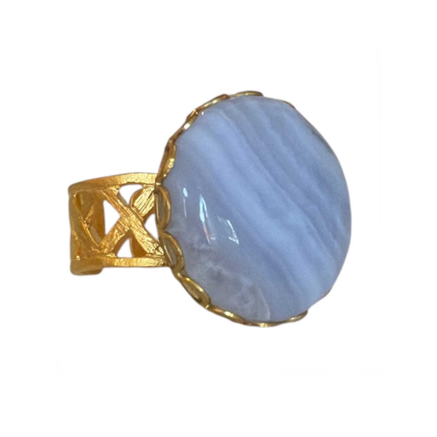 Round Calcedony Cabochon on Gold Ring Peggy Goodman sold at Aqualta