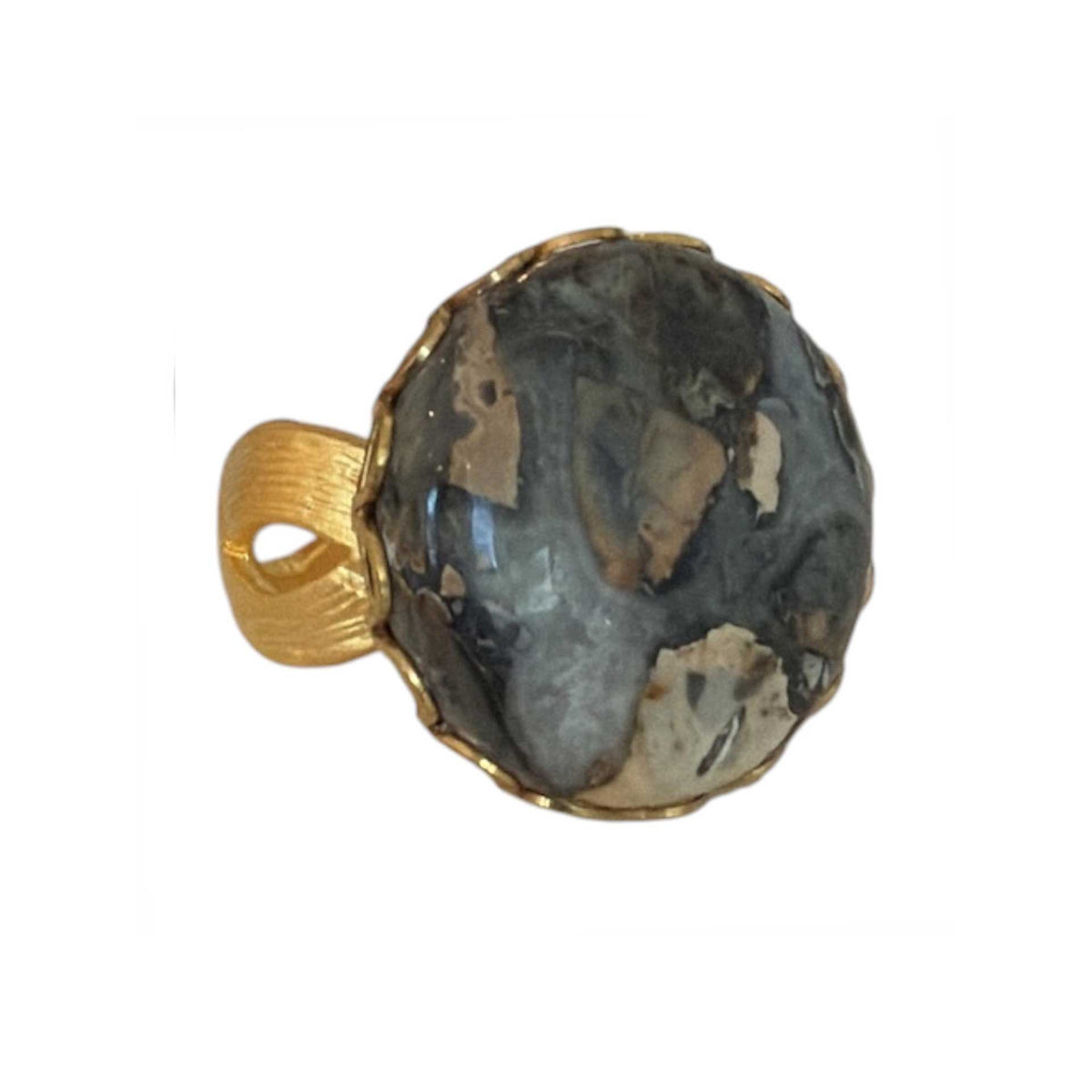 Round Grey Stone Cabochon on Gold Ring Peggy Goodman sold at Aqualta