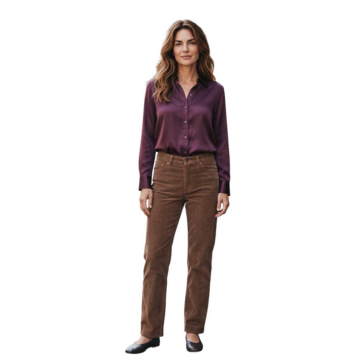 Woman wearing straight leg brown corduroy pants by Sand, sold at Aqualta, styled with a Bordeaux blouse and black flats.