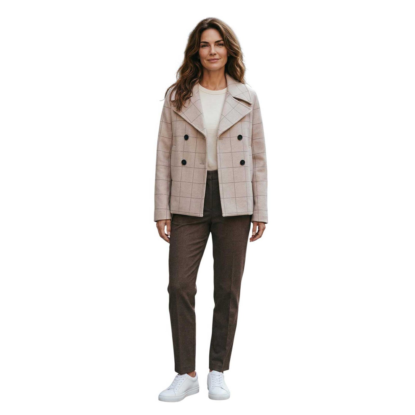 Woman wearing Plaid patterned coat on a mannequin against a white background Sold at Aqualta 2