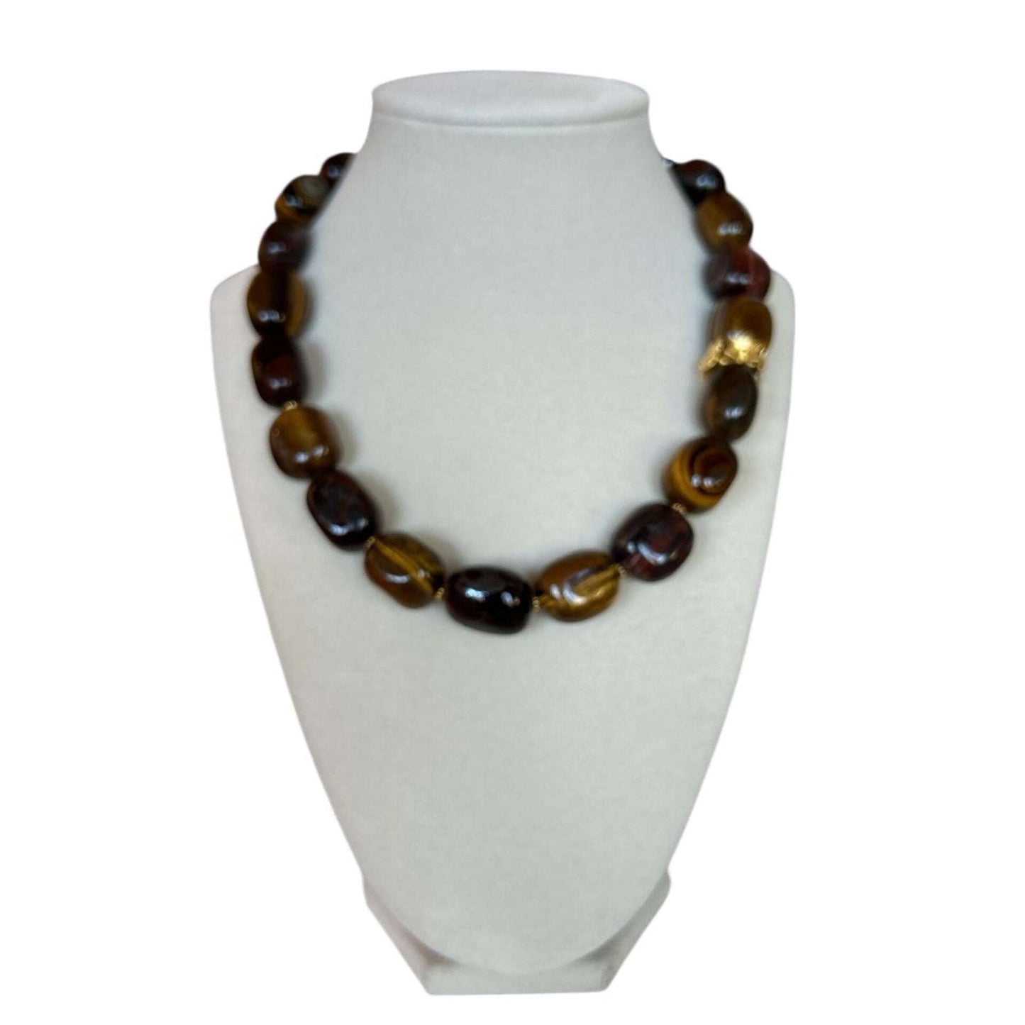 Handmade necklace by Peggy Goodman for Aqualta, featuring polished tiger eye gemstones with gold accents