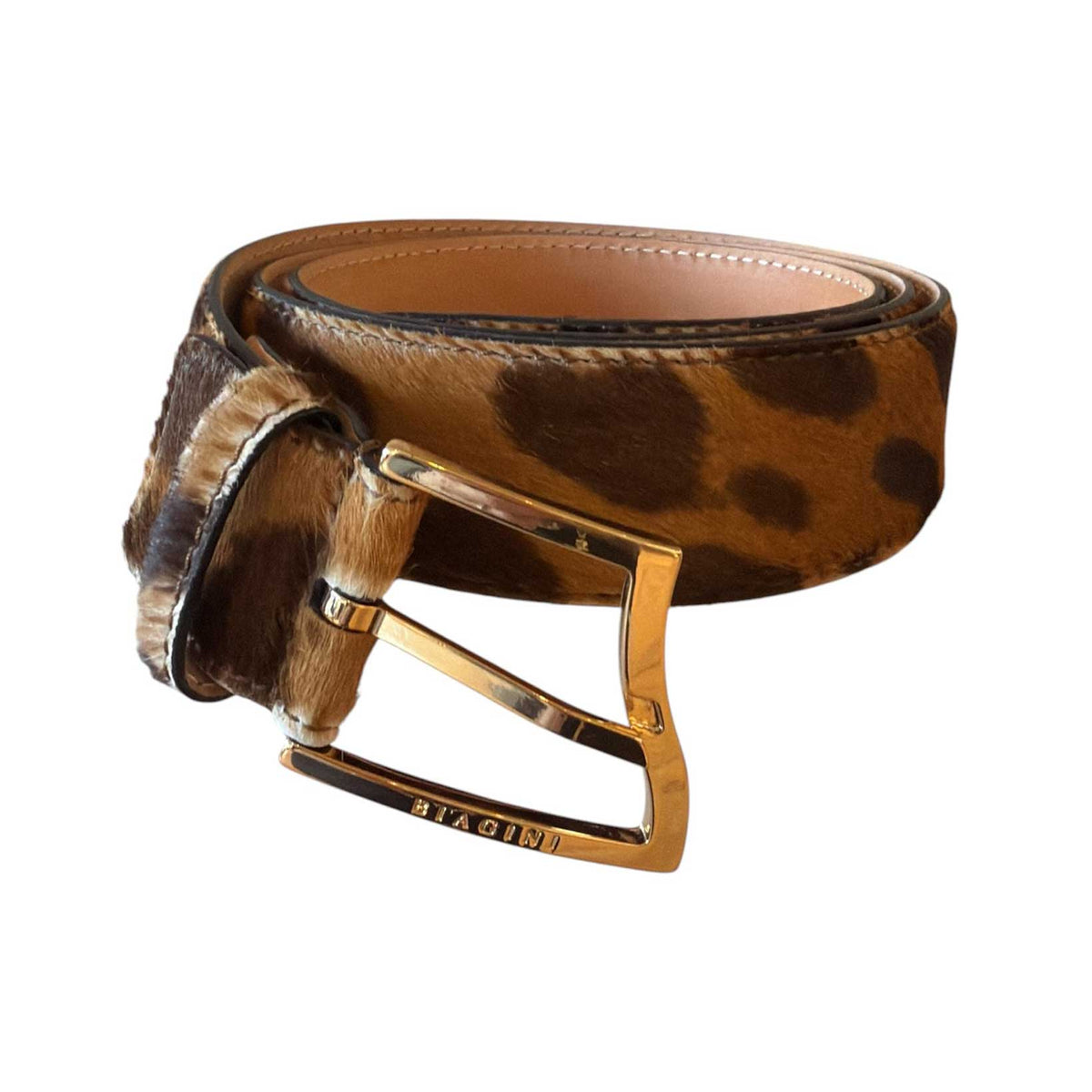 Biagini wide animal print belt in brown and tan with oversized gold-tone wave buckle and signature Biagini engraving, available at Aqualta.
