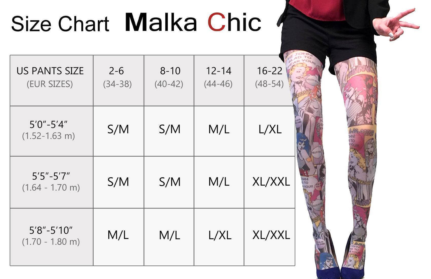 Check out our print tights Malka Chic Size Chart
