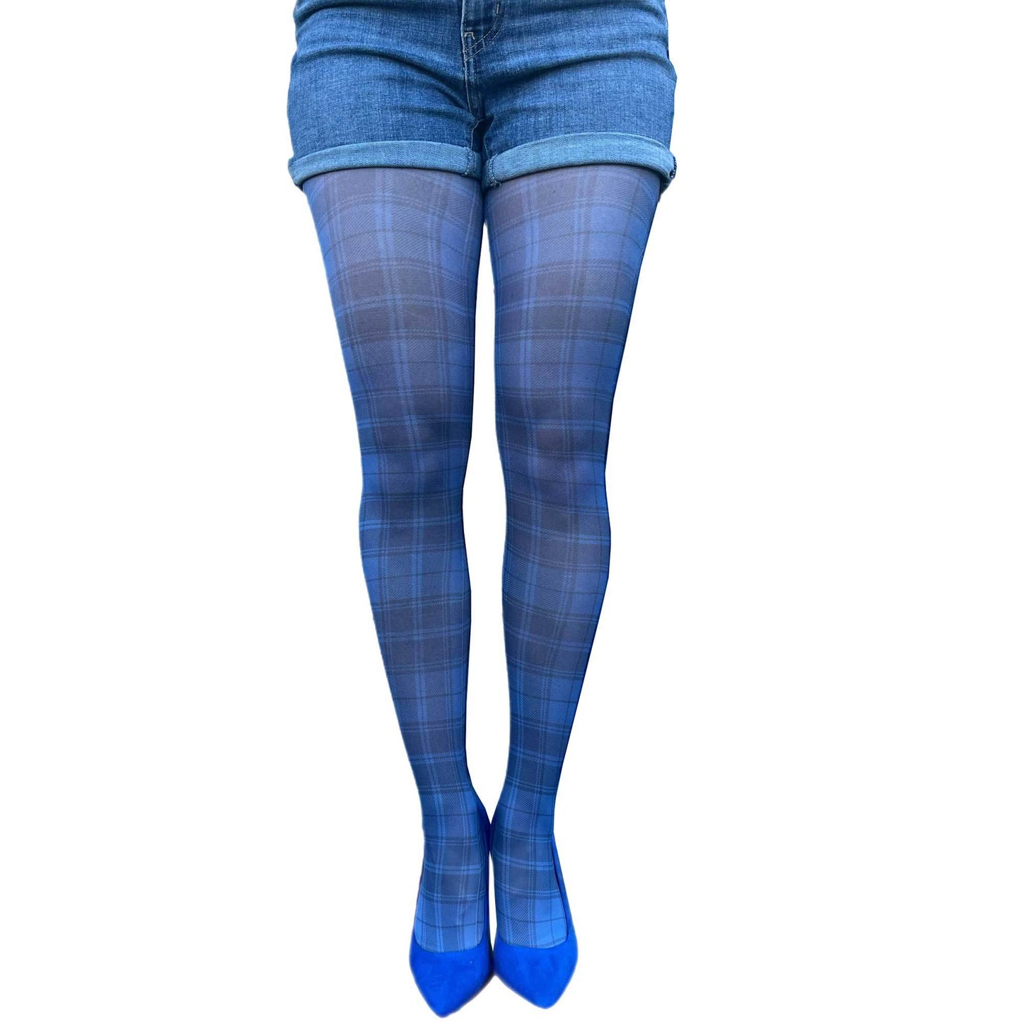 Woman wearing blue plaid patterned tights by Malka Chic, styled with denim shorts and heels, made in Italy 2