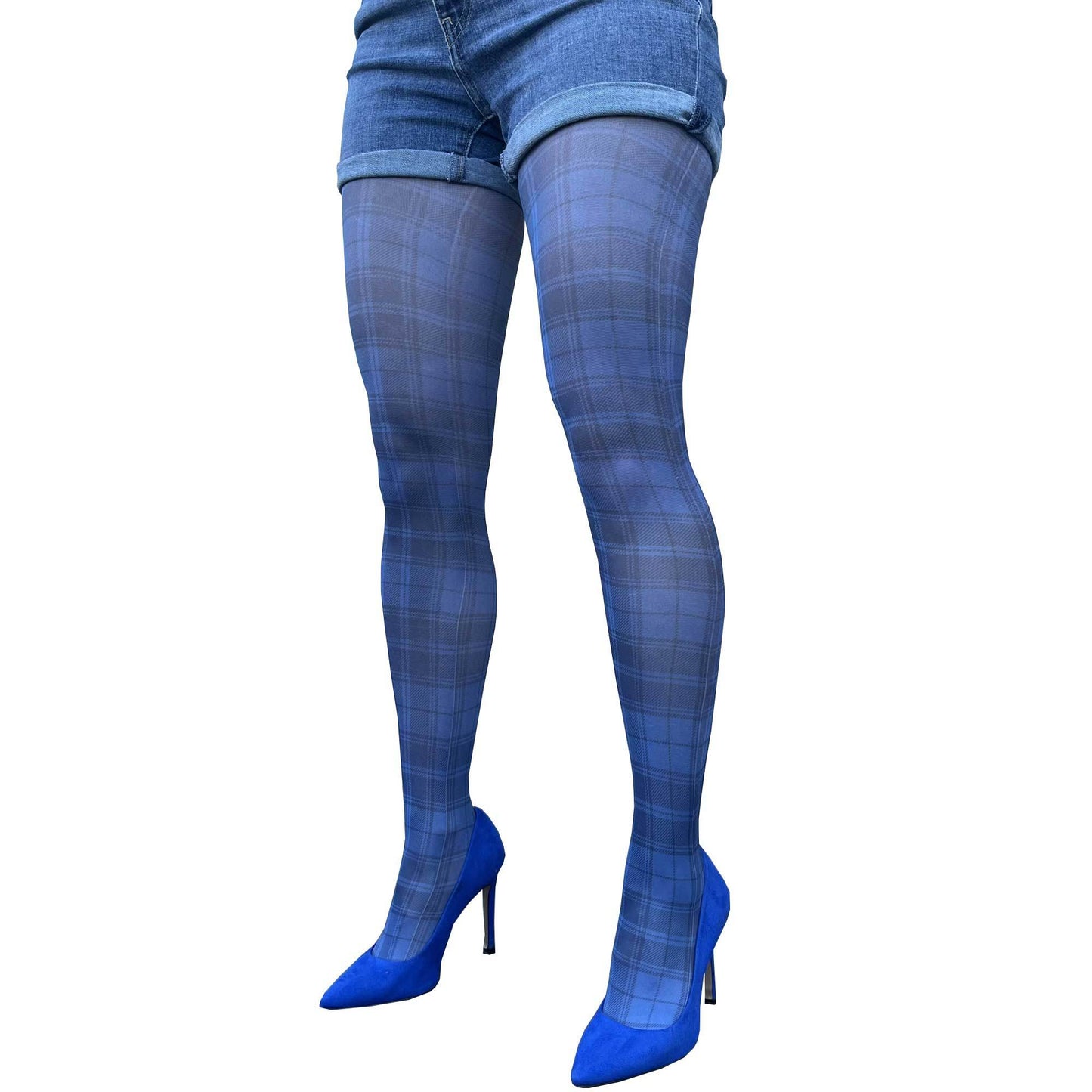Woman wearing blue plaid patterned tights by Malka Chic, styled with denim shorts and heels, made in Italy.