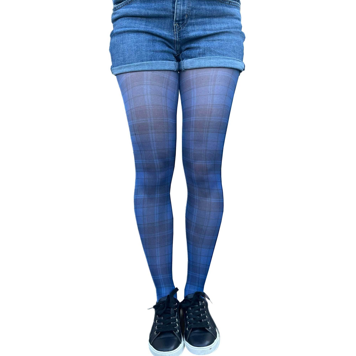 Woman wearing blue plaid patterned tights by Malka Chic, styled with denim shorts and heels, made in Italy 3