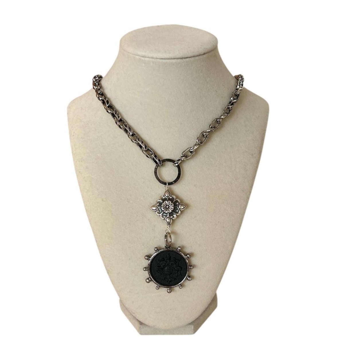 Cable Silver Chain with Black Coin Pendant - AQUALTA