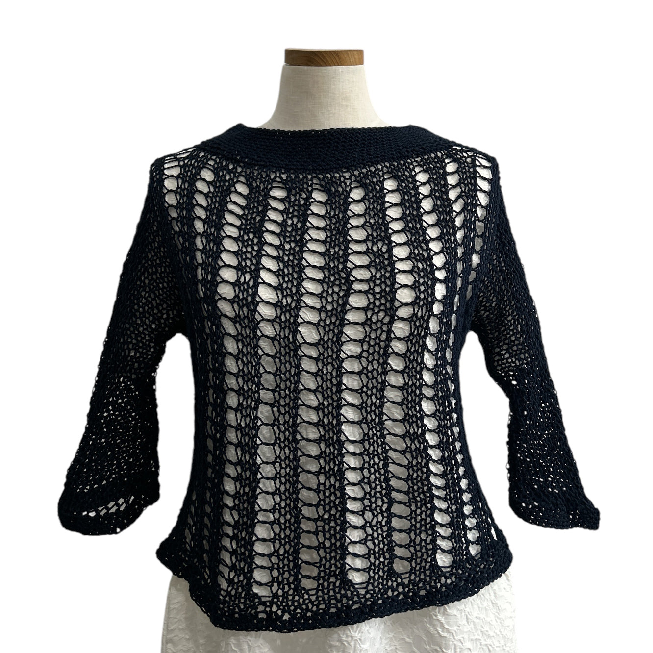Navy open-knit sweater with vertical stripes by Chiara Toffanin, made in Italy