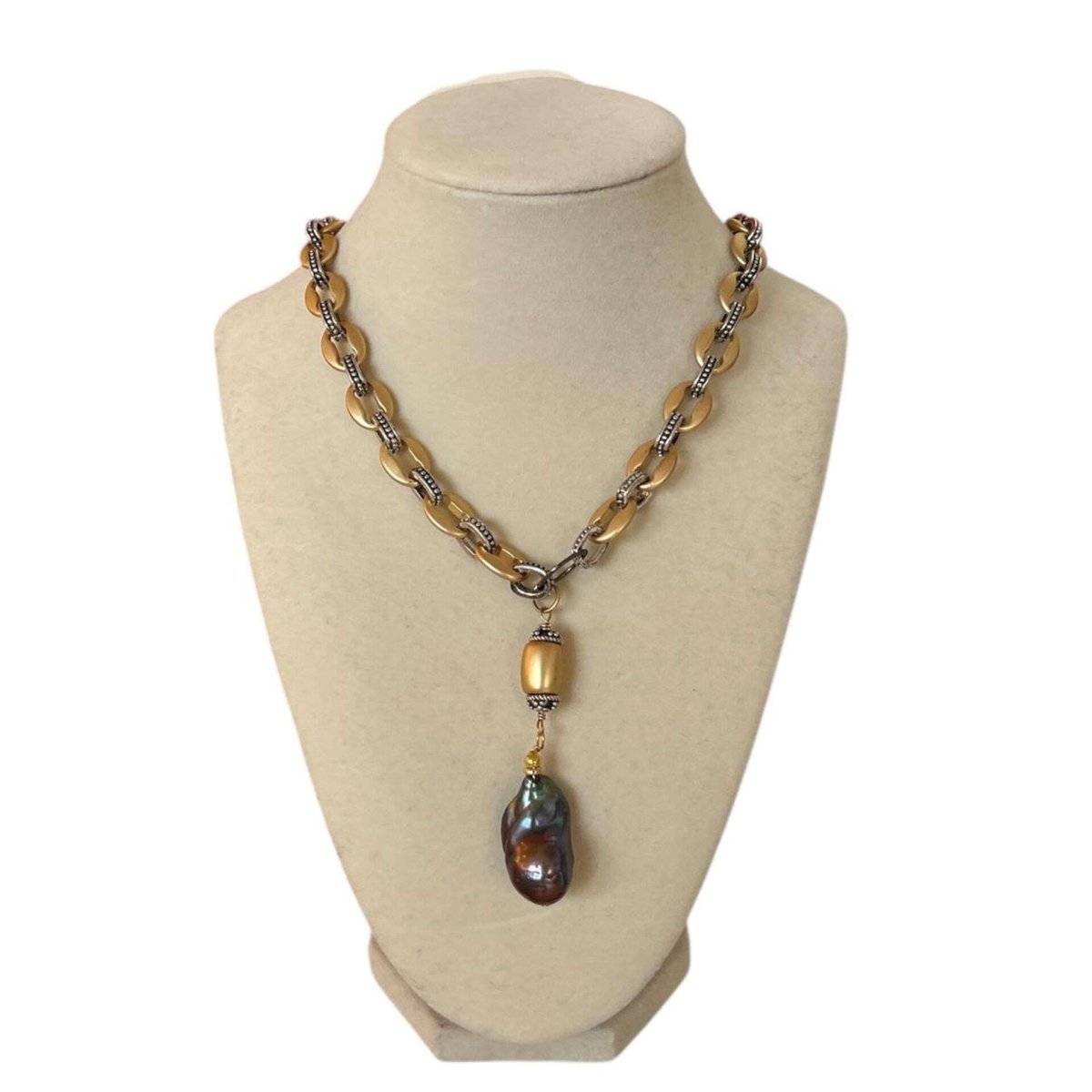 Gold & Silver Chain with Grey Baroque Pearl - AQUALTA
