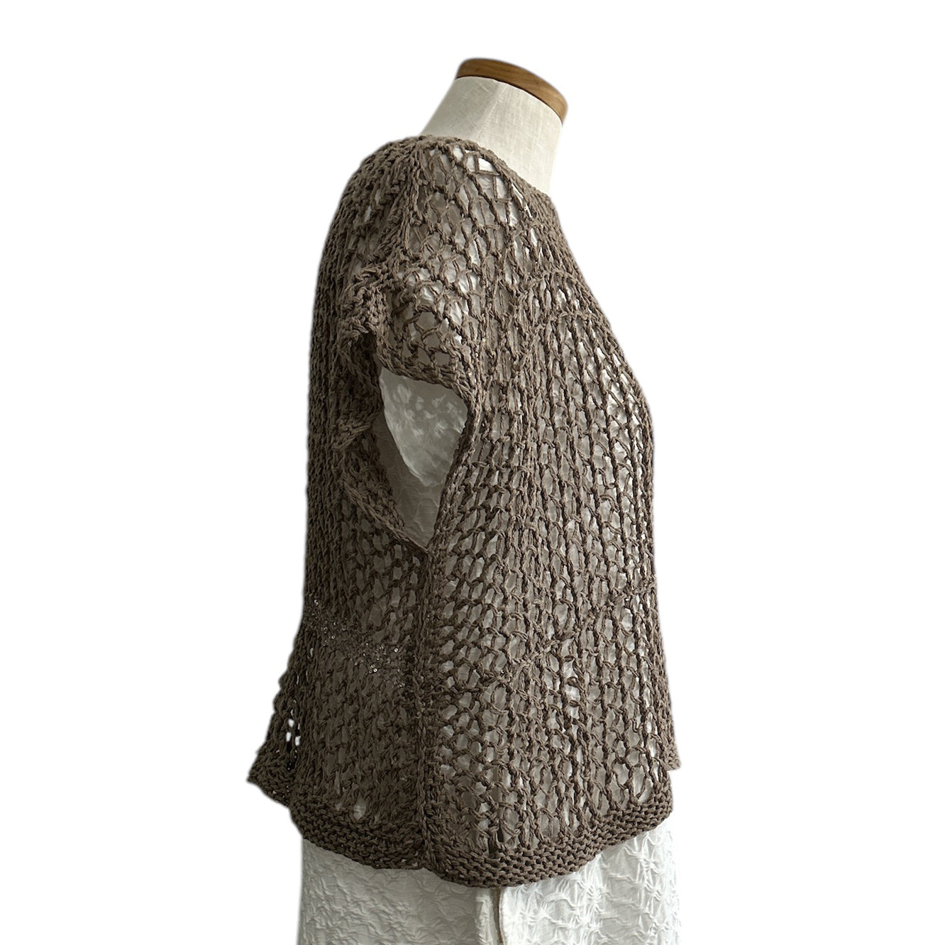 Lightweight crochet-style summer top in natural tone by Chiara Toffanin