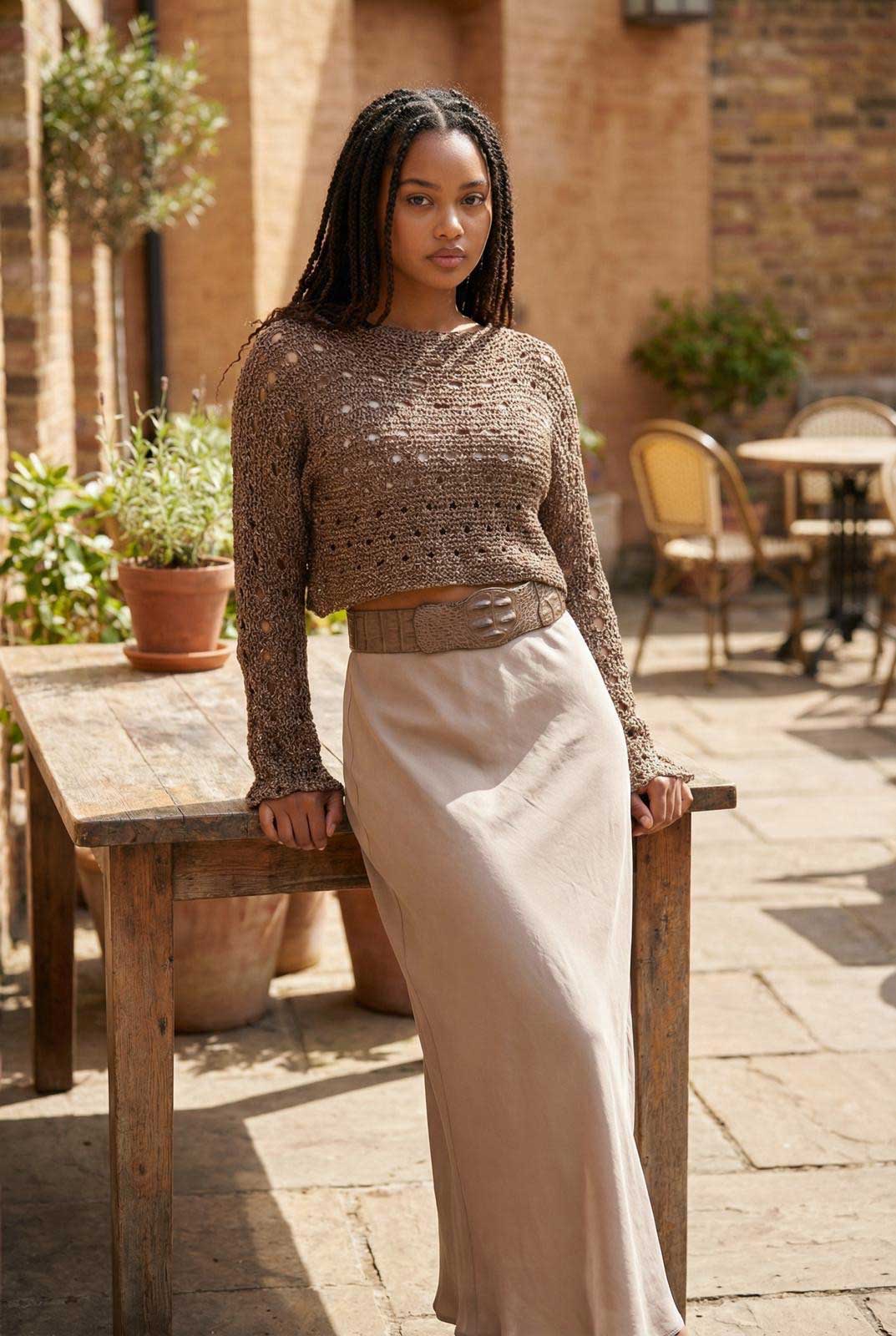 knit Mesh Crop top long Sleeves Butterscotch Chiara Toffanin sold at Aqualta 2