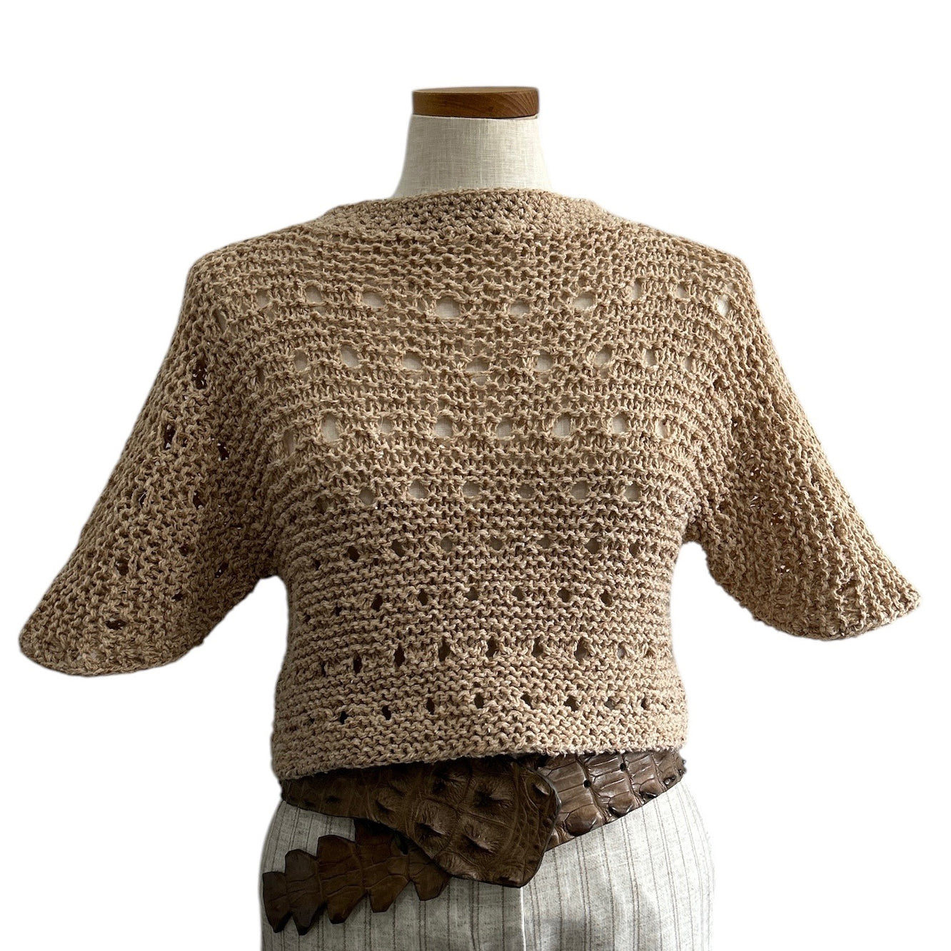 Front view of the almond knit mesh crop top by Chiara Toffanin with short sleeves, sold at Aqualta