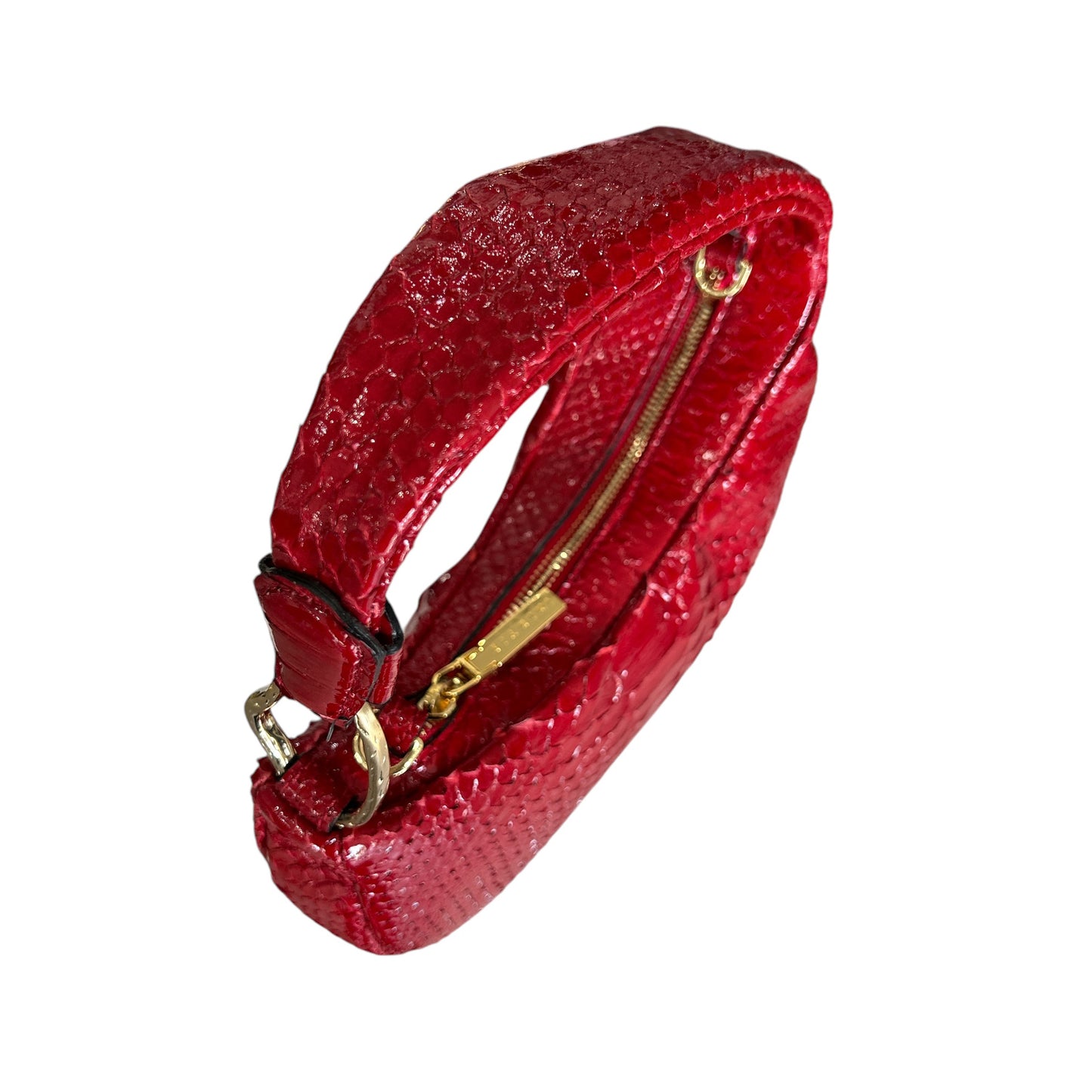 Close-up of gold hardware and handle of the Mini Python Balloon Bag in red by Biagini