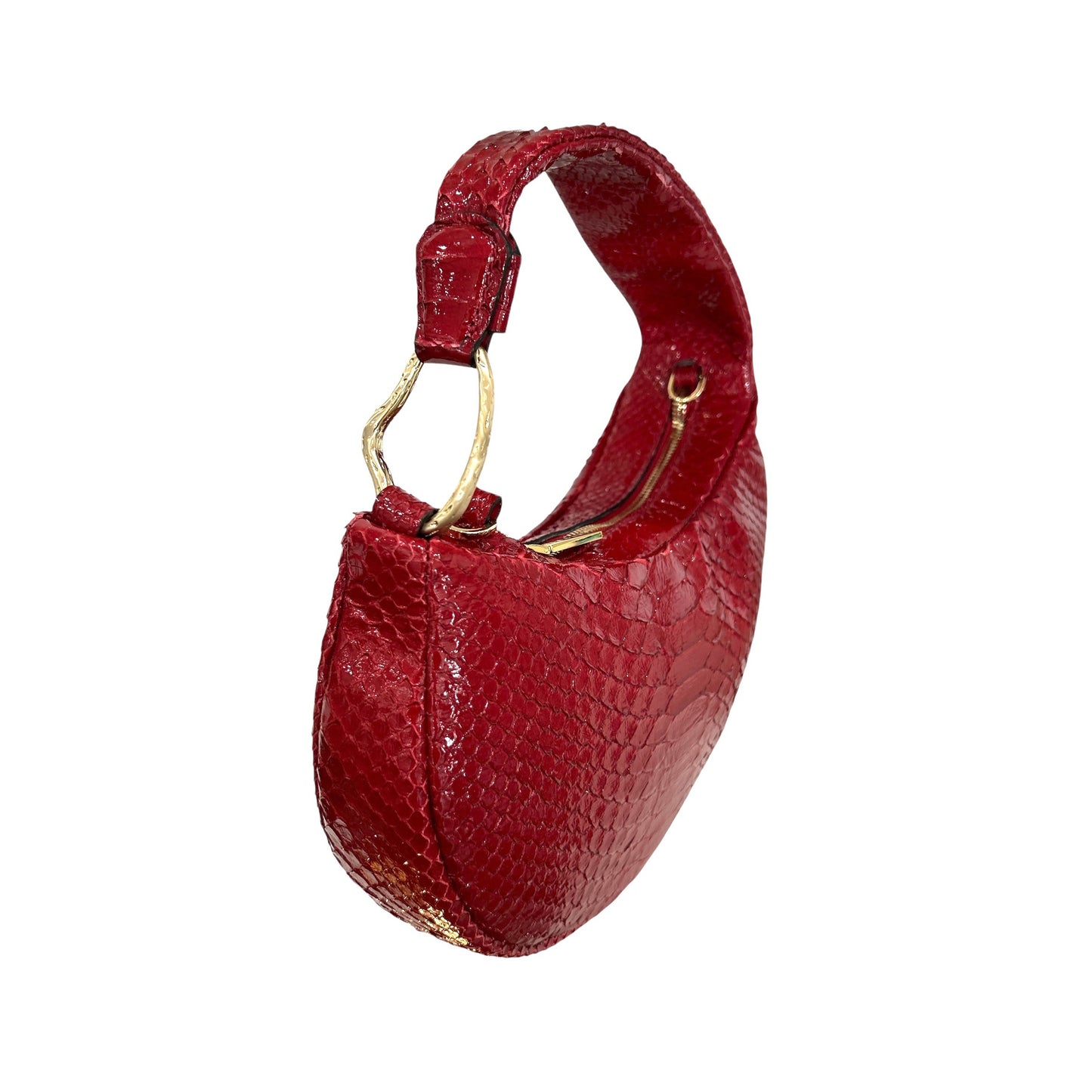 Side profile of the red Biagini mini bag showing curved balloon shape and rich python texture
