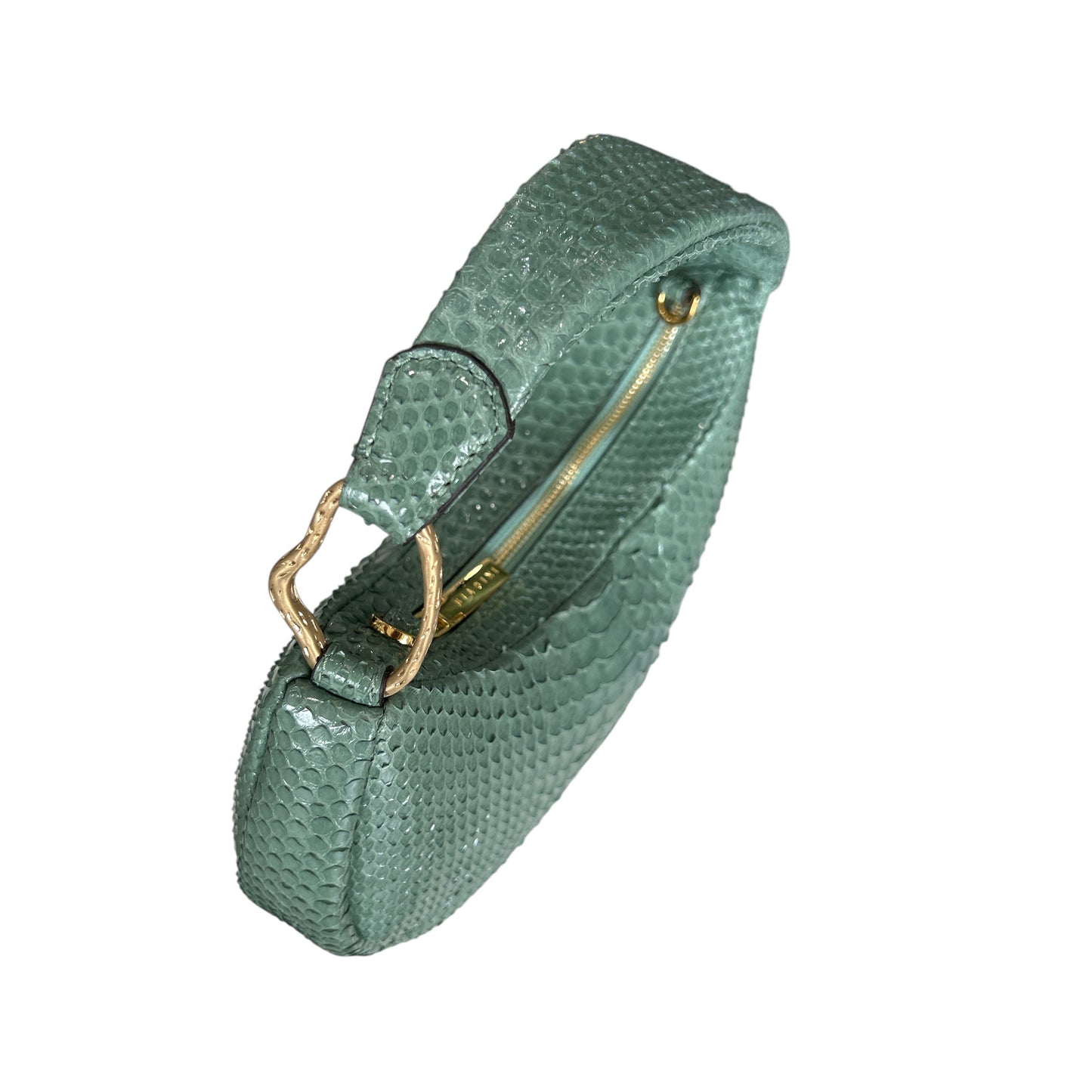 Side angle of sage green Biagini python mini bag showing its curved silhouette and structured design