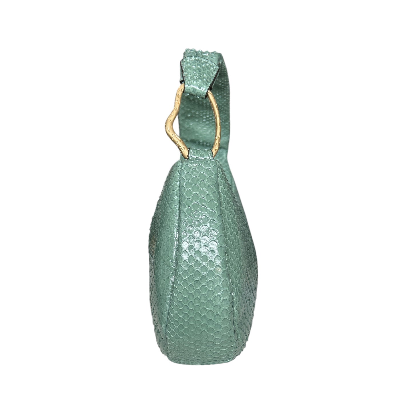 Close-up detail of the gold hardware and python-textured handle of the Biagini Balloon mini bag