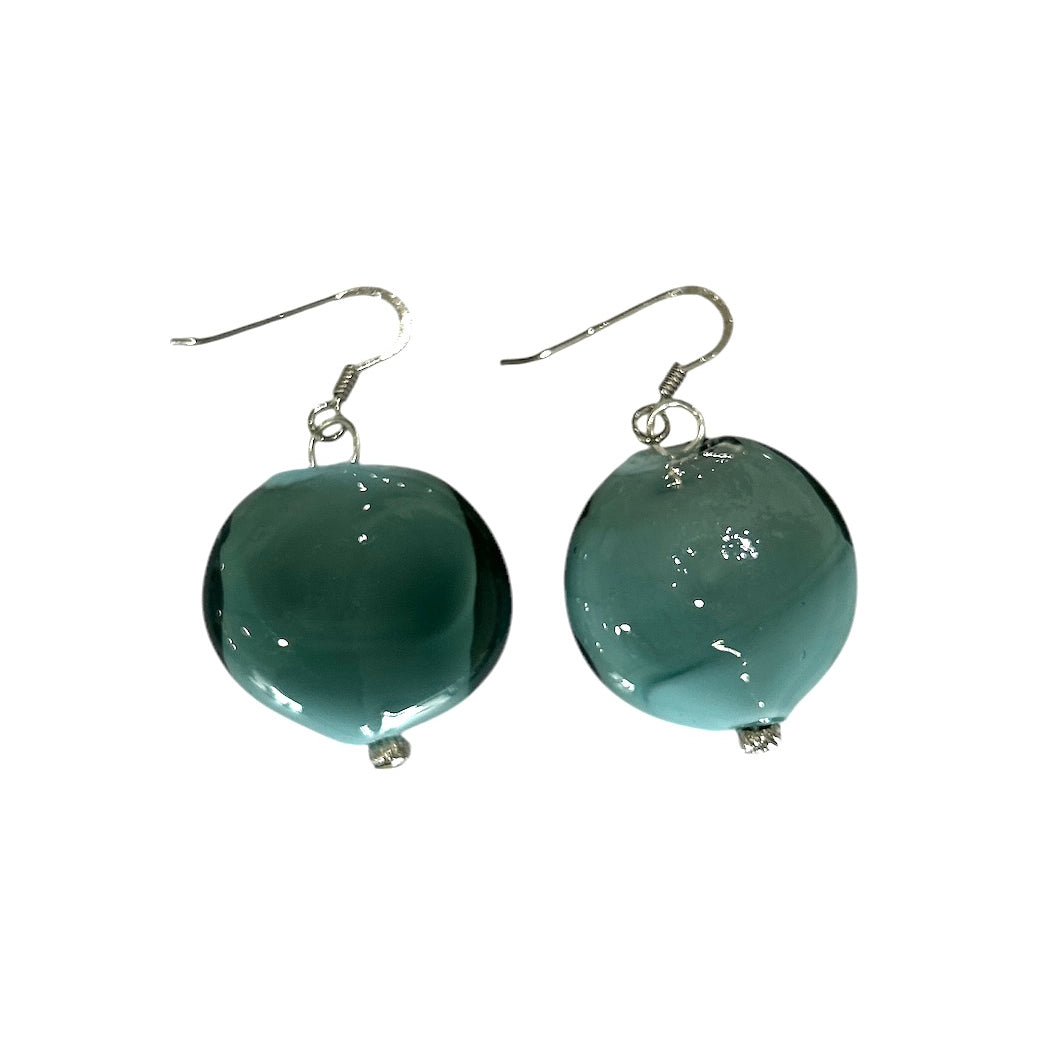 Handmade Murano glass drop earrings in sea green, elegant design, sold at Aqualta