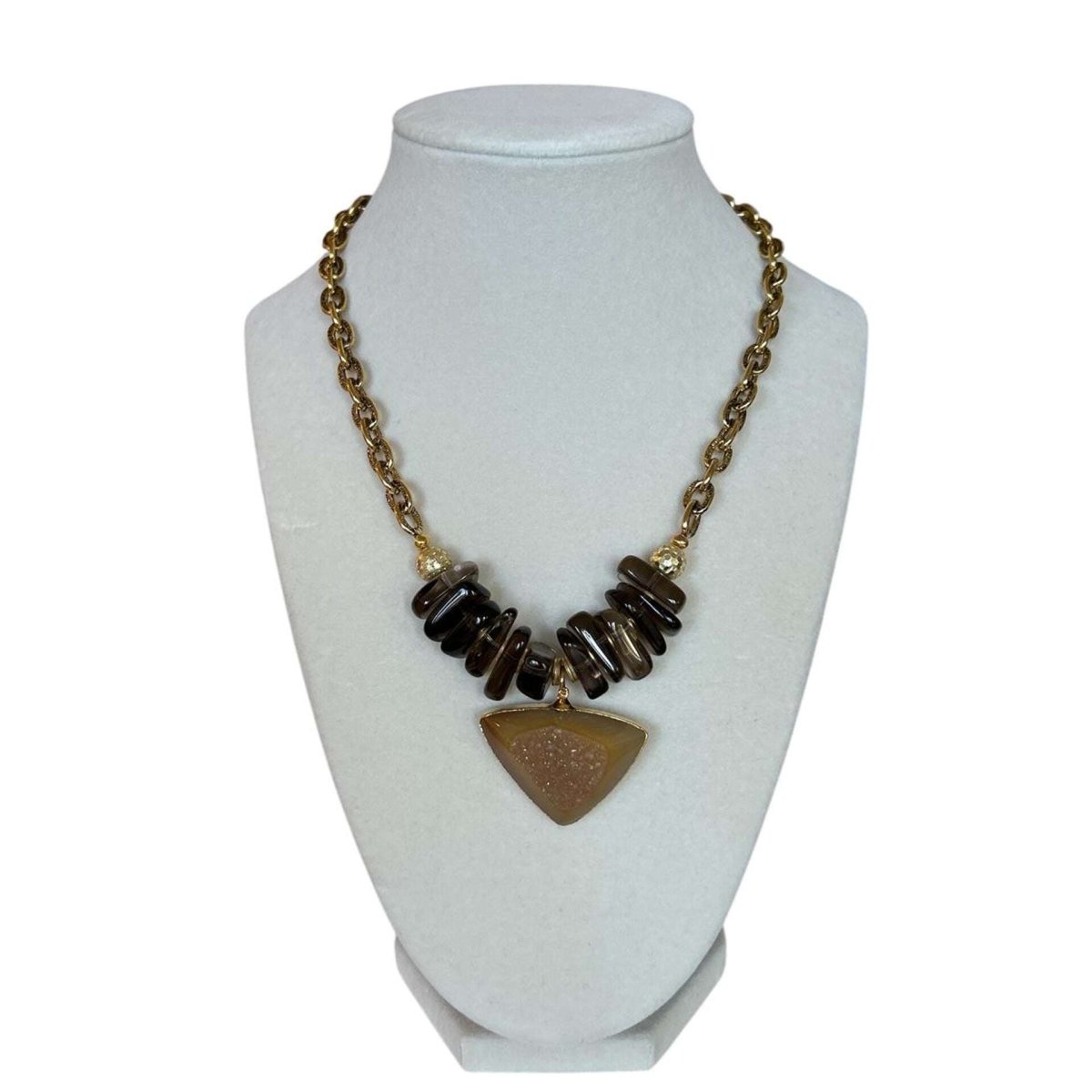 Short Necklace on gold chain with Smokey Quartz & Drusy pendant - AQUALTA