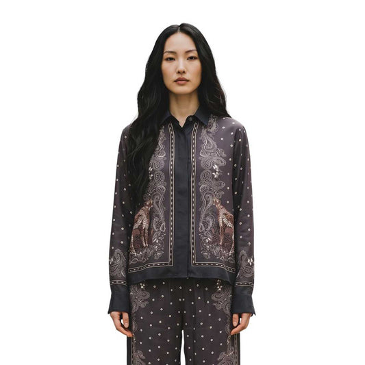 Woman wearing a African Print Brown Shirt Caliban sold at Aqualta