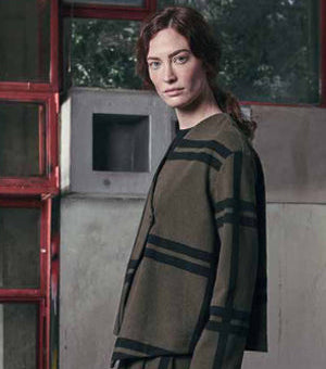 Women wearing Asymmetrical large Checks Jacket Neirami for women sold at Aqualta