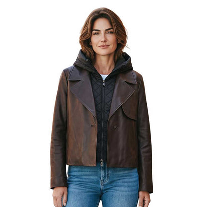 Brown Aviator Leather Jacket with Hoodie Vest by Suprema, available at Aqualta.