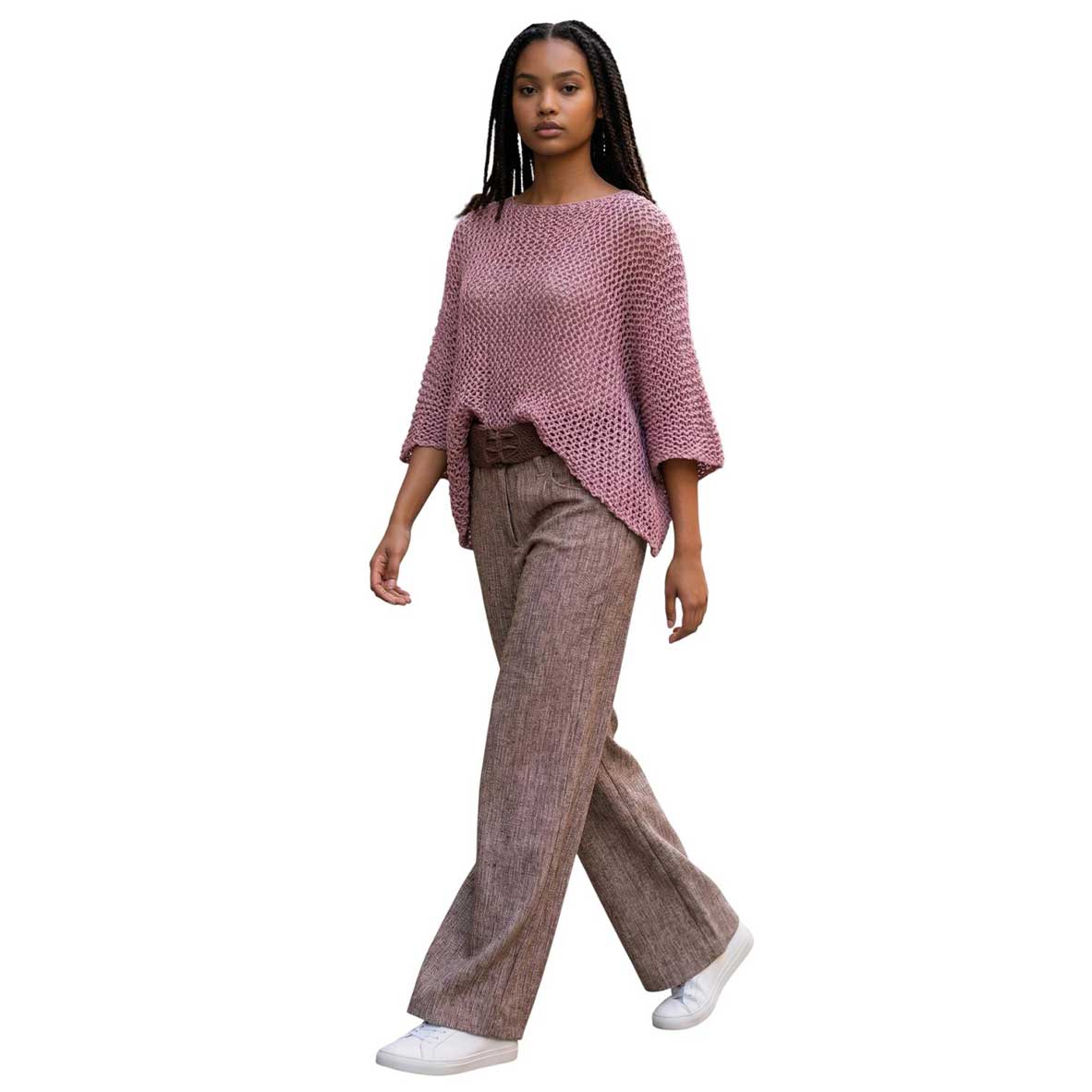 Woman wearing a Front picture of our Sweater Batwing Crop top Rose Chiara Toffanin sold at Aqualta