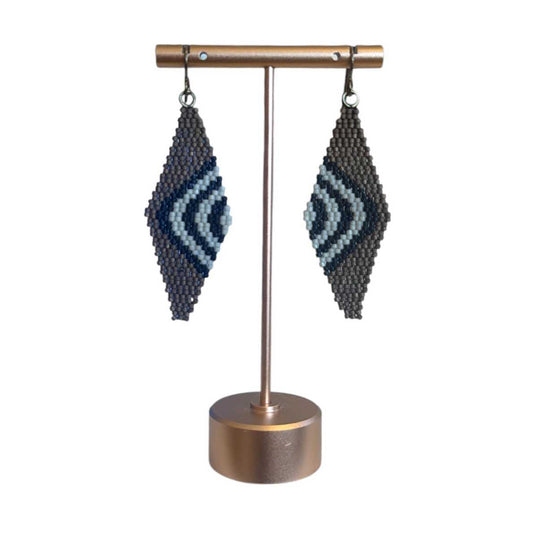 Peggy Goodman geometric seed bead earrings in gray, blue and white, available at Aqualta.
