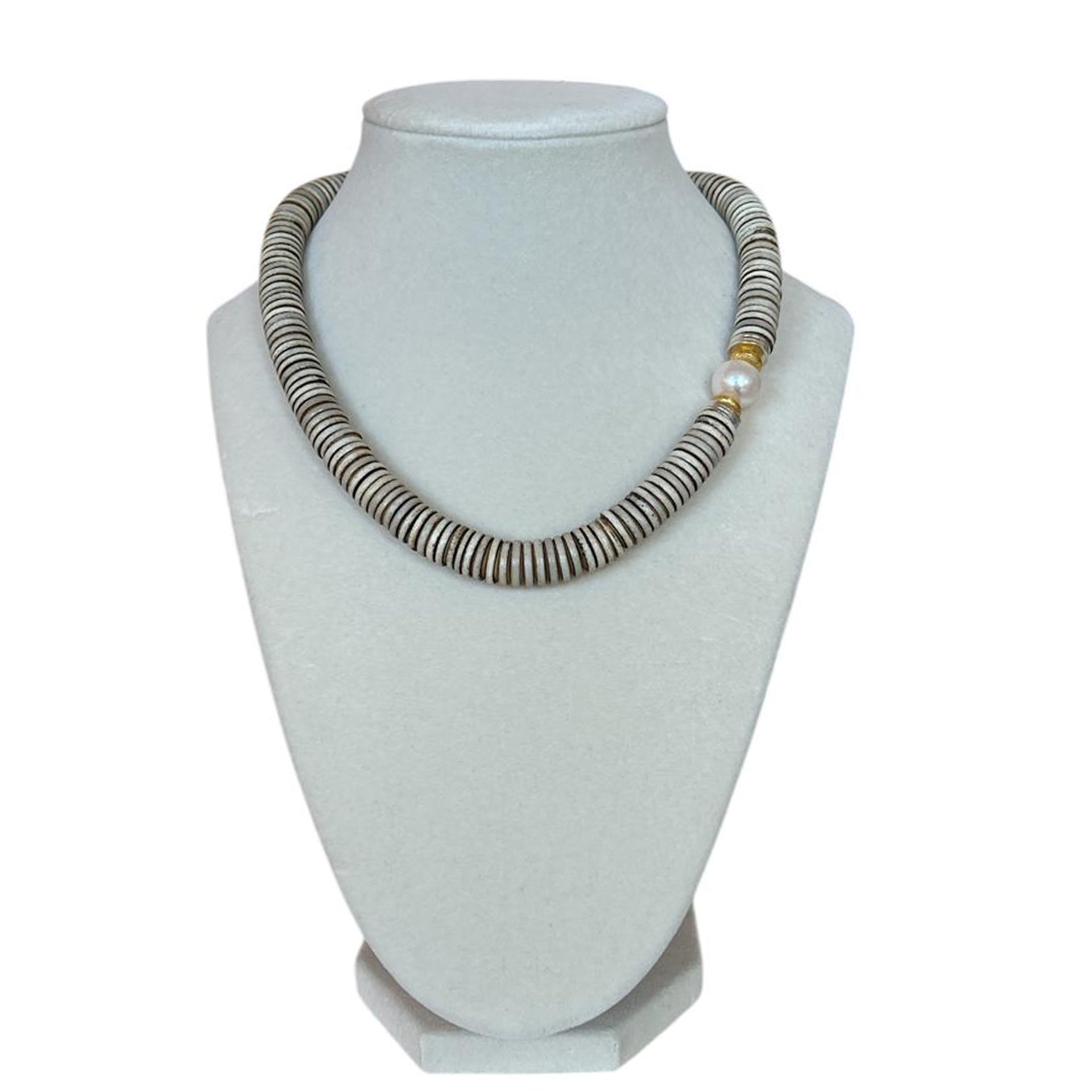 Beige Bone Beads & Pearl on Gold Necklace Peggy Goodman Sold At Aqualta