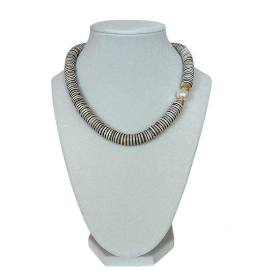 Beige Bone Beads & Pearl on Gold Necklace Peggy Goodman Sold At Aqualta