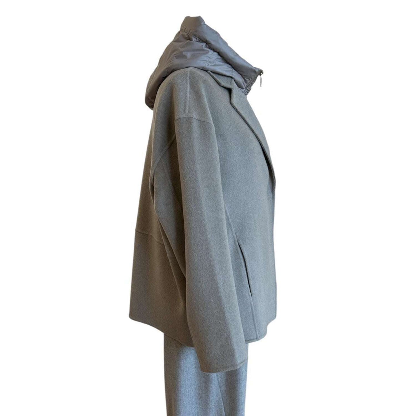 Side picture of our Beige Jacket with down Feather insert Suprema sold at Aqualta