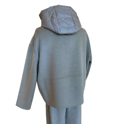Back picture of our Beige Jacket with down Feather insert Suprema sold at Aqualta