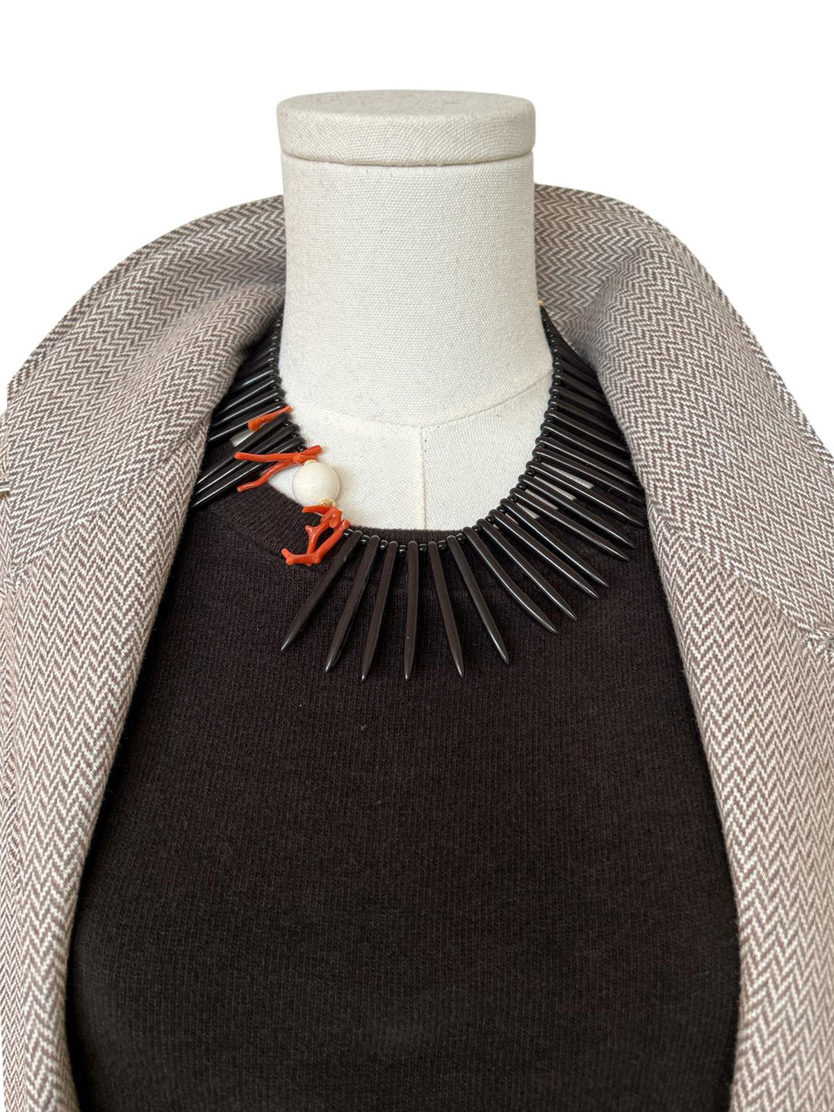Black Howlite stone Sticks, red Coral, & withe stone Necklace Peggy Goodman Sold At Aqualta 2